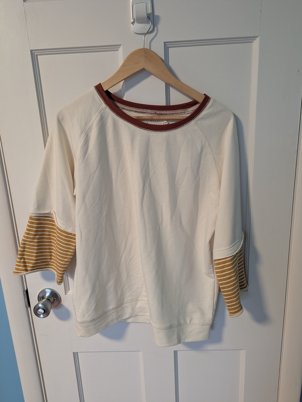 Roolee Cream Pullover with Mustard Striped Sleeve Panels and Rust Neck Trim